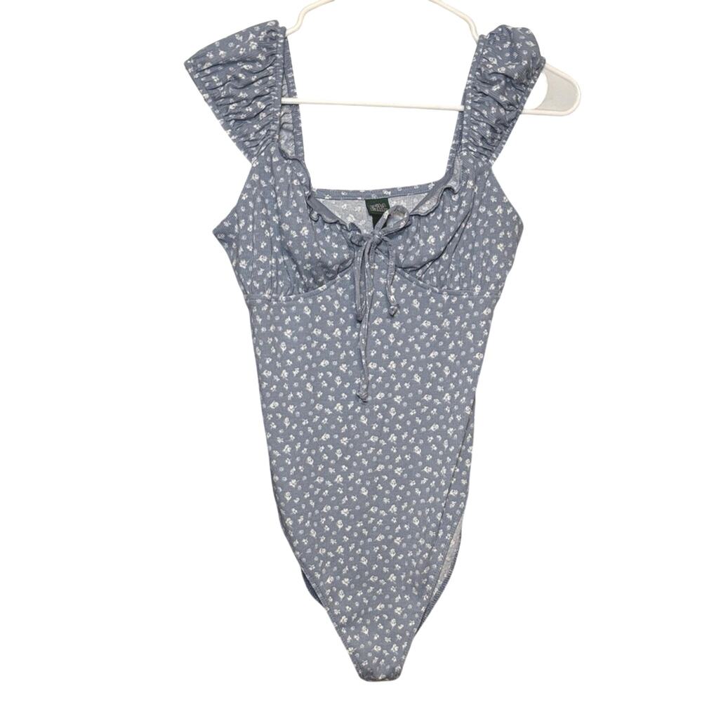 Wild Fable Blue Floral Bodysuit Ruffle Tie Front Puff Sleeve Cottagecore M